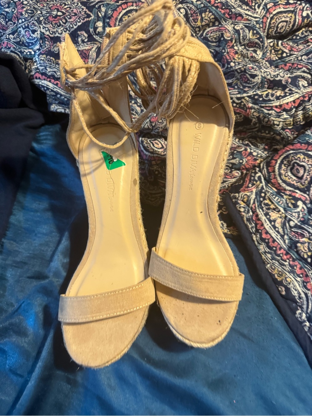 Women’s Size 8 Wild Diva Beige Suede Ankle-Tie Block Heels